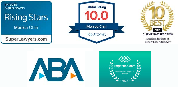 Rated By Super Lawyers Rising Stars, Monica Chin | Avvo Rating 10.0 Monica Chin Top Attorney | 10 Best Client Satisfaction 2015 American Institute of Family Law Attorneys | American Bar Association | Best Divorce Lawyers in Bellevue - 2023